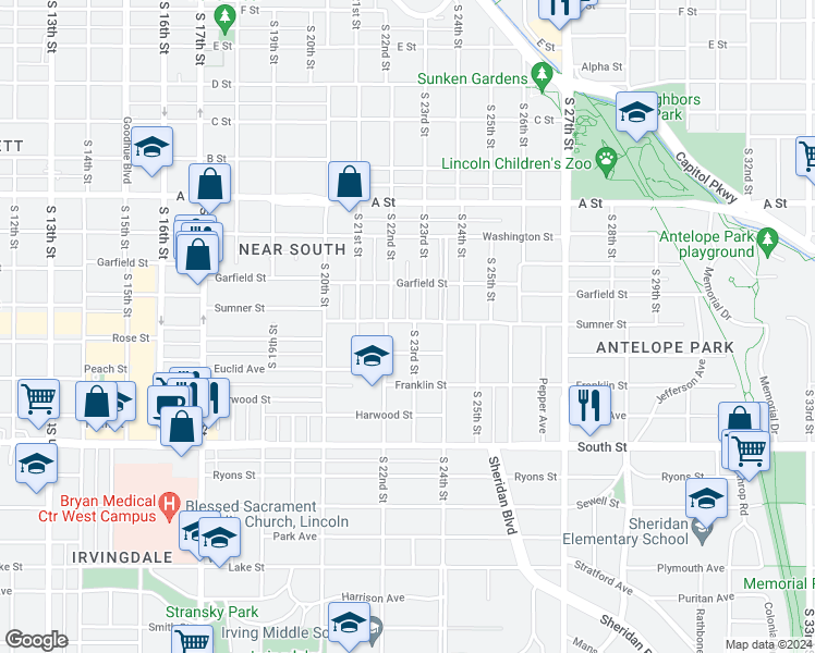 map of restaurants, bars, coffee shops, grocery stores, and more near 1701 South 23rd Street in Lincoln