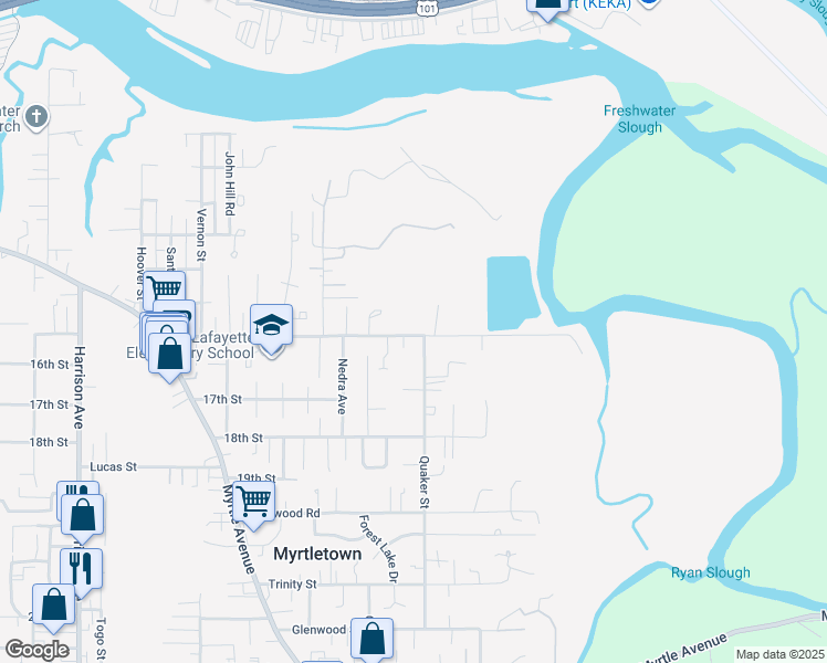 map of restaurants, bars, coffee shops, grocery stores, and more near 3471 Park Street in Eureka