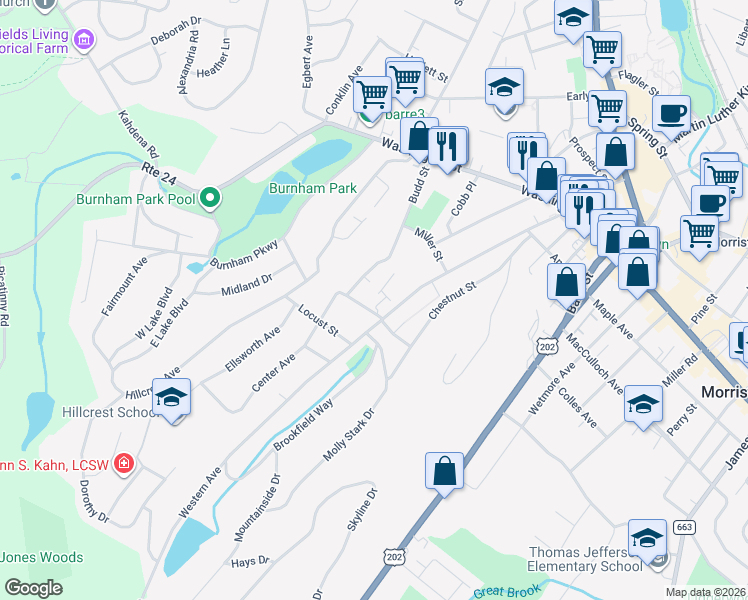 map of restaurants, bars, coffee shops, grocery stores, and more near 101 Western Avenue in Morristown