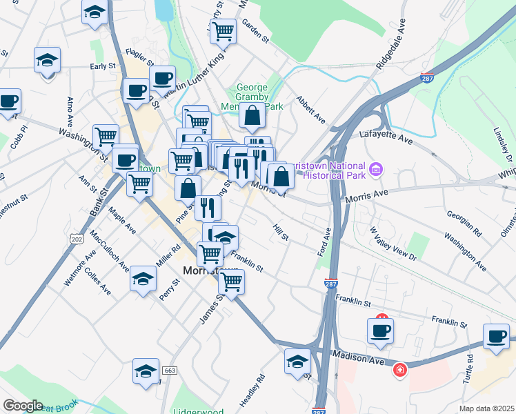 map of restaurants, bars, coffee shops, grocery stores, and more near 10 Hill Street in Morristown