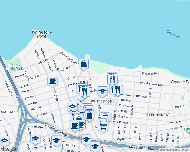 map of restaurants, bars, coffee shops, grocery stores, and more near 705 152nd Street in Queens