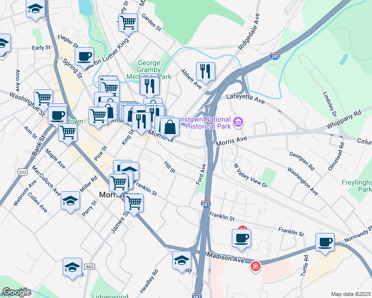 map of restaurants, bars, coffee shops, grocery stores, and more near 185 Morris Street in Morristown