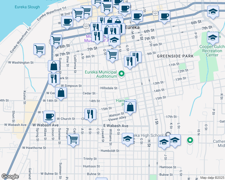 map of restaurants, bars, coffee shops, grocery stores, and more near 282 Hillsdale Street in Eureka