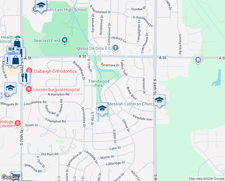map of restaurants, bars, coffee shops, grocery stores, and more near 1708 Pinedale Avenue in Lincoln