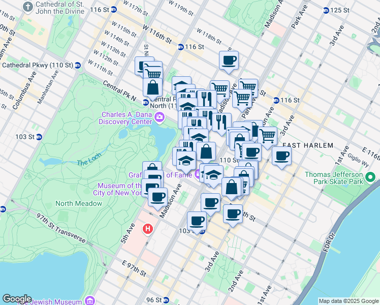 map of restaurants, bars, coffee shops, grocery stores, and more near 21 East 108th Street in New York