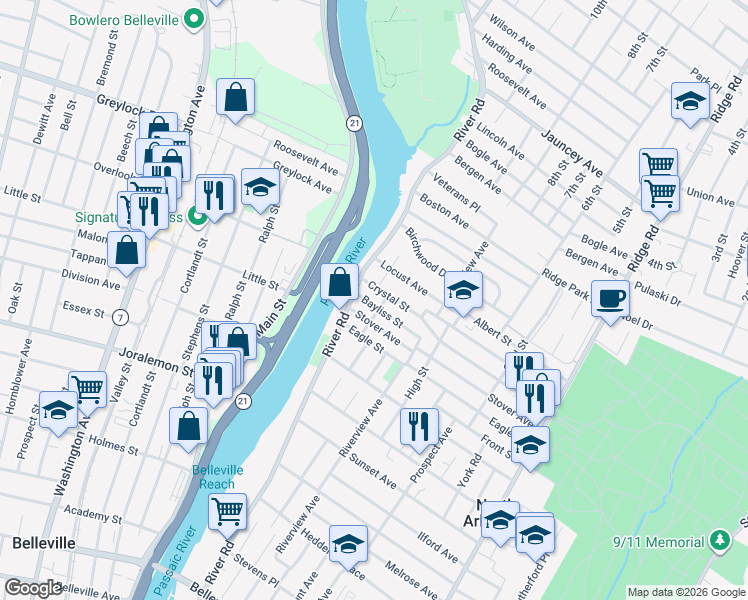 map of restaurants, bars, coffee shops, grocery stores, and more near 10 Bayliss Street in North Arlington