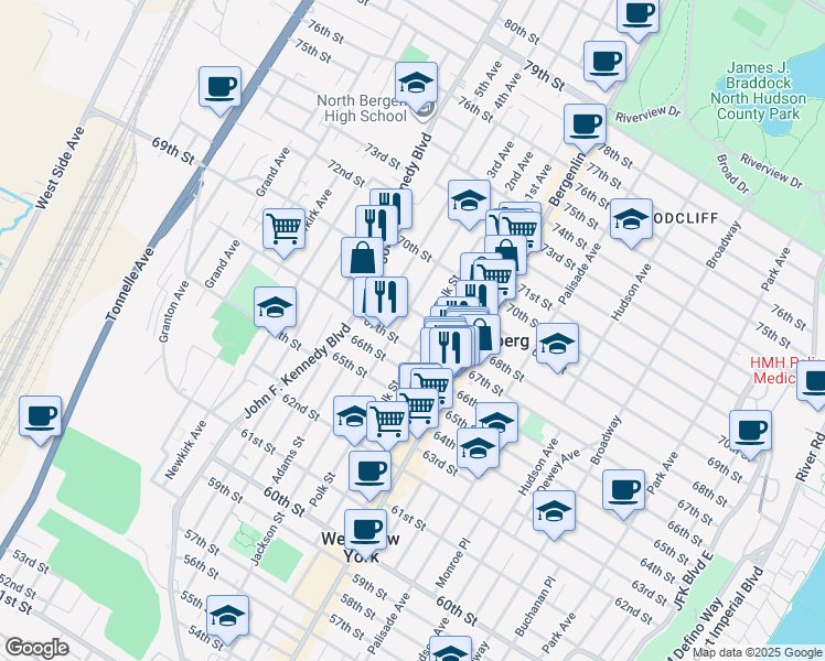 map of restaurants, bars, coffee shops, grocery stores, and more near 6714 Jackson Street in Guttenberg