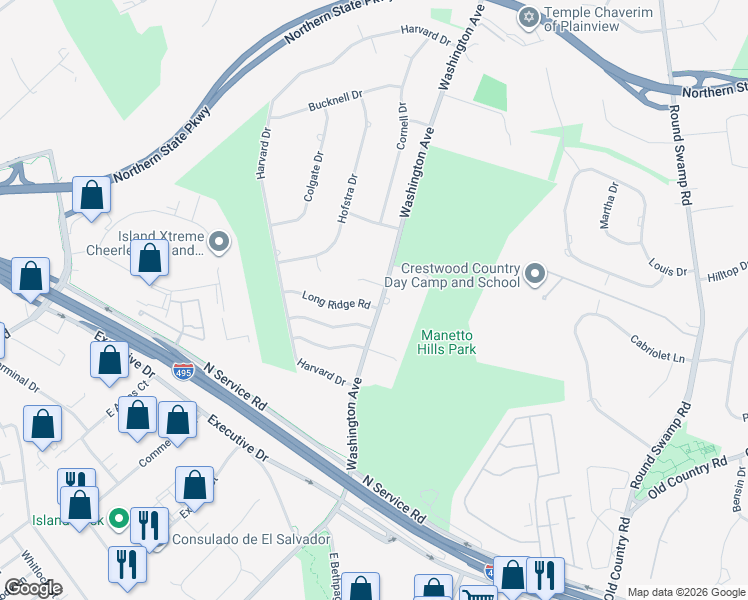 map of restaurants, bars, coffee shops, grocery stores, and more near 6 Long Ridge Road in Plainview