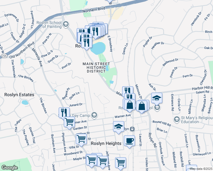 map of restaurants, bars, coffee shops, grocery stores, and more near 179 Main Street in Roslyn