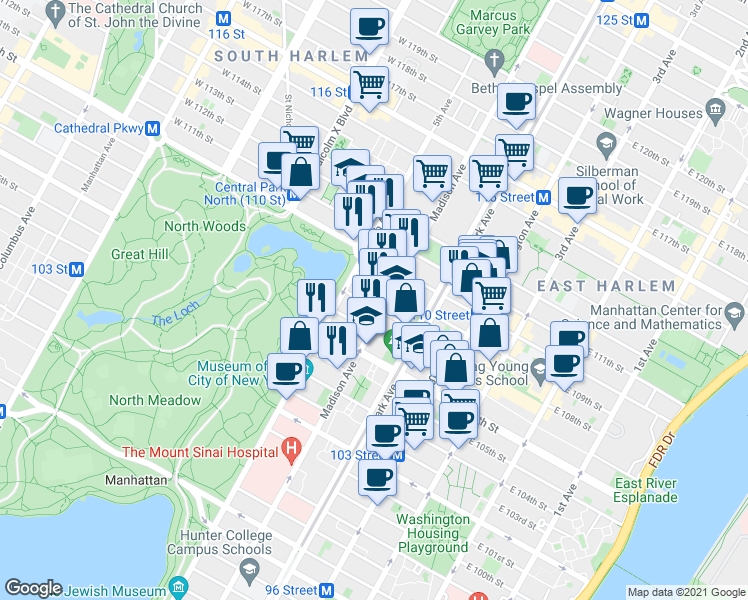 map of restaurants, bars, coffee shops, grocery stores, and more near in New York