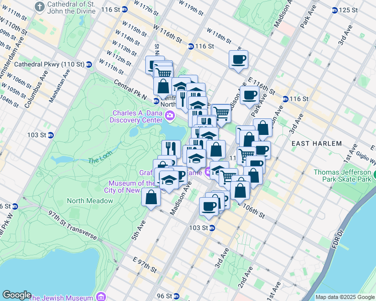 map of restaurants, bars, coffee shops, grocery stores, and more near 1271 5th Avenue in New York
