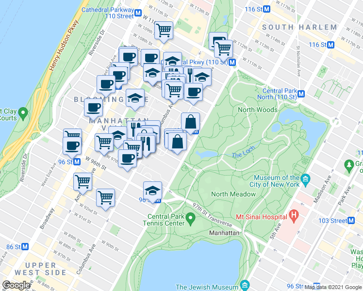 map of restaurants, bars, coffee shops, grocery stores, and more near 22 Manhattan Avenue in New York