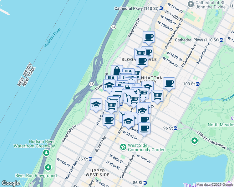 map of restaurants, bars, coffee shops, grocery stores, and more near 2563 Broadway in New York