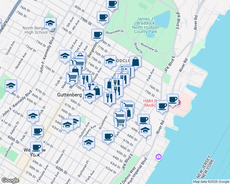 map of restaurants, bars, coffee shops, grocery stores, and more near 226 72nd Street in North Bergen