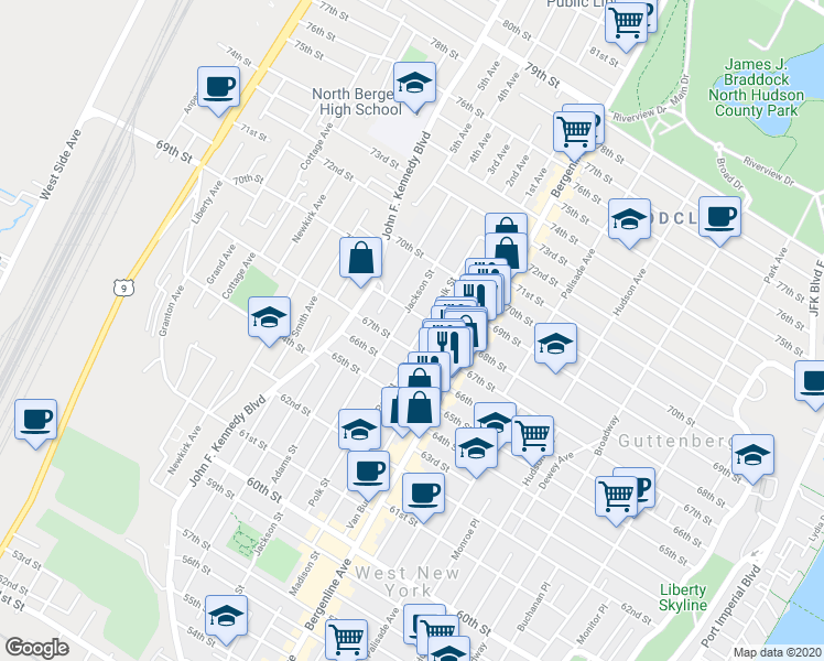 map of restaurants, bars, coffee shops, grocery stores, and more near 6714 Jackson Street in Guttenberg