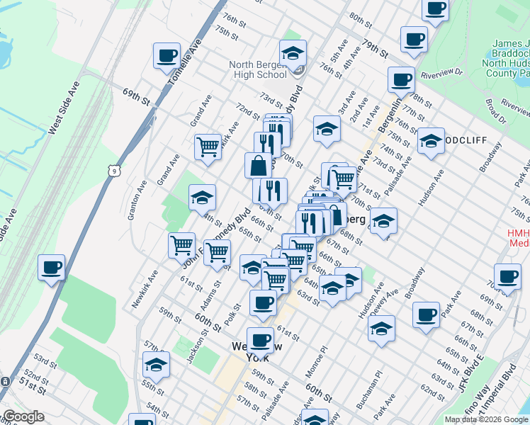 map of restaurants, bars, coffee shops, grocery stores, and more near 683 67th Street in West New York