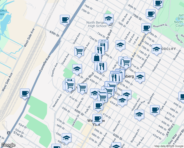 map of restaurants, bars, coffee shops, grocery stores, and more near 6513 Bergenwood Avenue in North Bergen