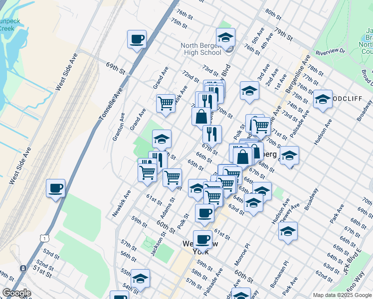 map of restaurants, bars, coffee shops, grocery stores, and more near 6513 Bergenwood Avenue in North Bergen