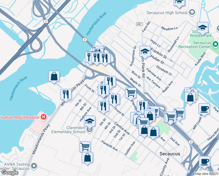 map of restaurants, bars, coffee shops, grocery stores, and more near 320 Clarendon Street in Secaucus