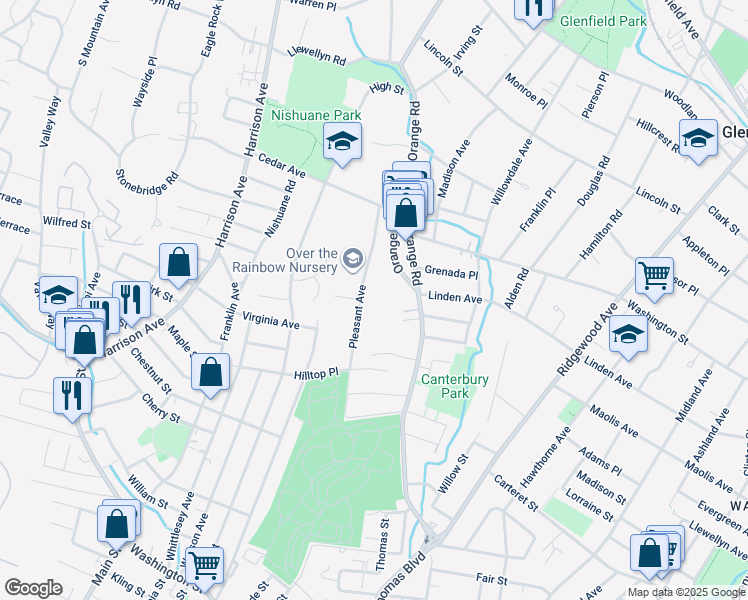map of restaurants, bars, coffee shops, grocery stores, and more near 340 Orange Road in Montclair