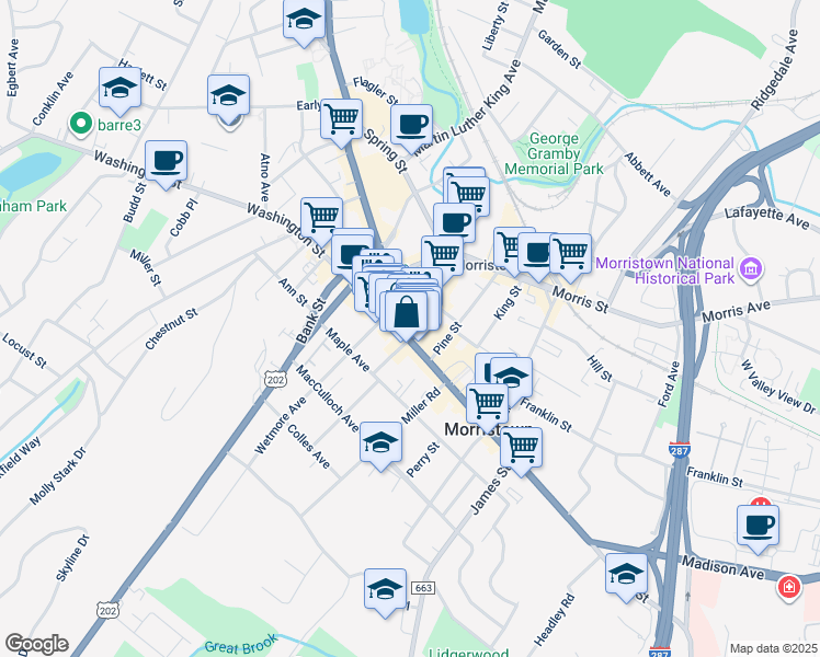 map of restaurants, bars, coffee shops, grocery stores, and more near 36 South Street in Morristown