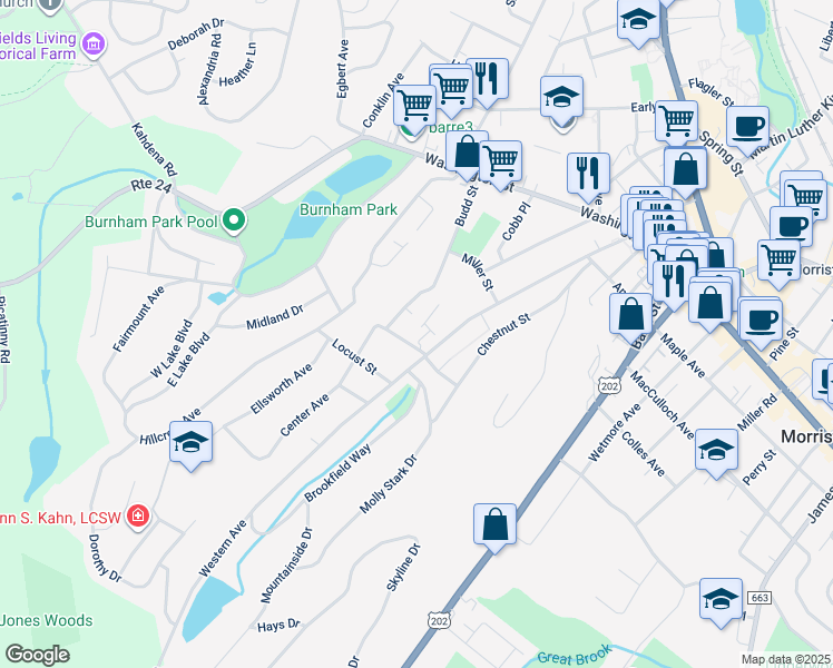 map of restaurants, bars, coffee shops, grocery stores, and more near 101 Western Avenue in Morristown