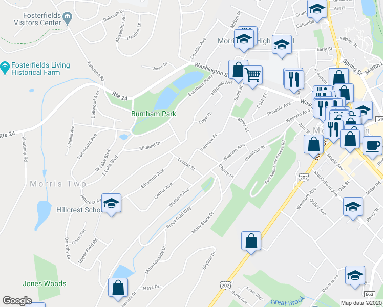 map of restaurants, bars, coffee shops, grocery stores, and more near 70 Hillcrest Avenue in Morristown