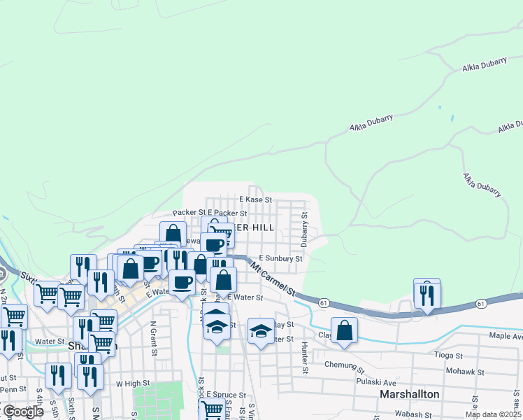 map of restaurants, bars, coffee shops, grocery stores, and more near Apple Street in Shamokin