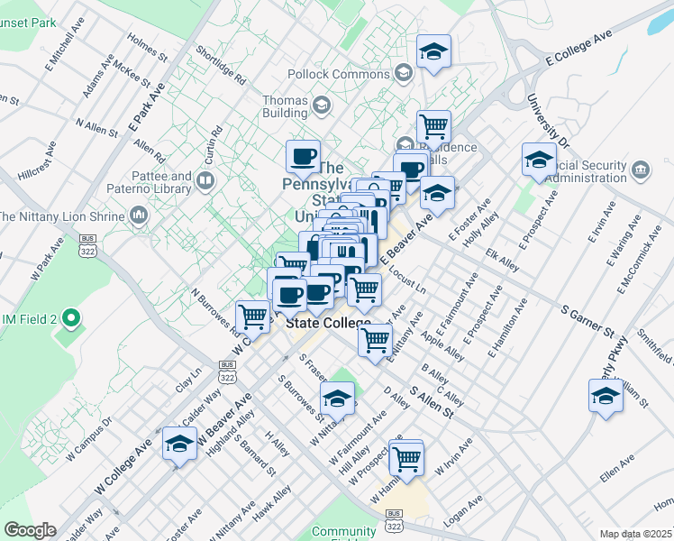 map of restaurants, bars, coffee shops, grocery stores, and more near 236 East Calder Way in State College