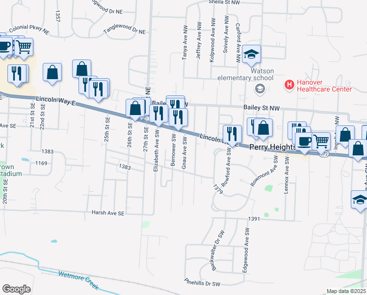 map of restaurants, bars, coffee shops, grocery stores, and more near 2851 Lincoln Way East in Massillon