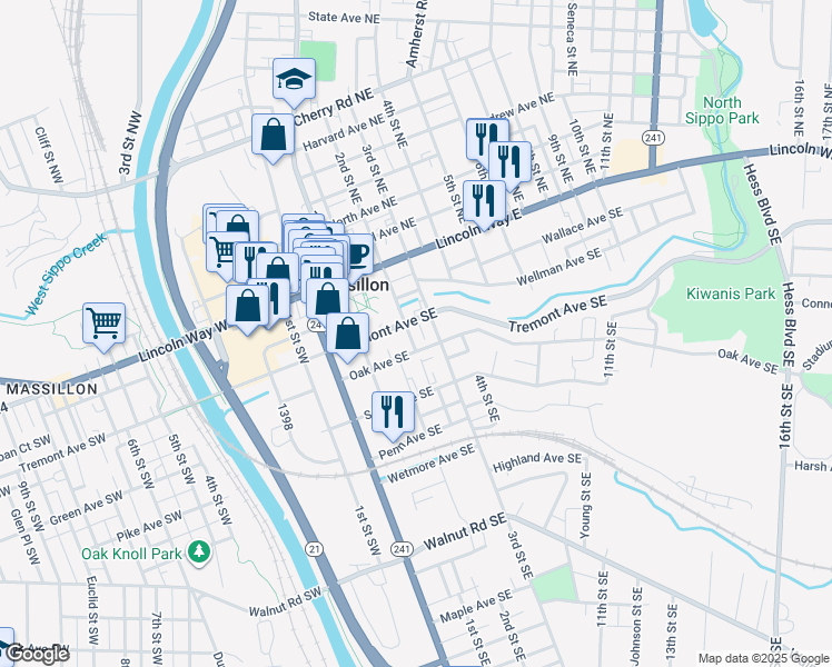 map of restaurants, bars, coffee shops, grocery stores, and more near 217 Tremont Avenue Southeast in Massillon