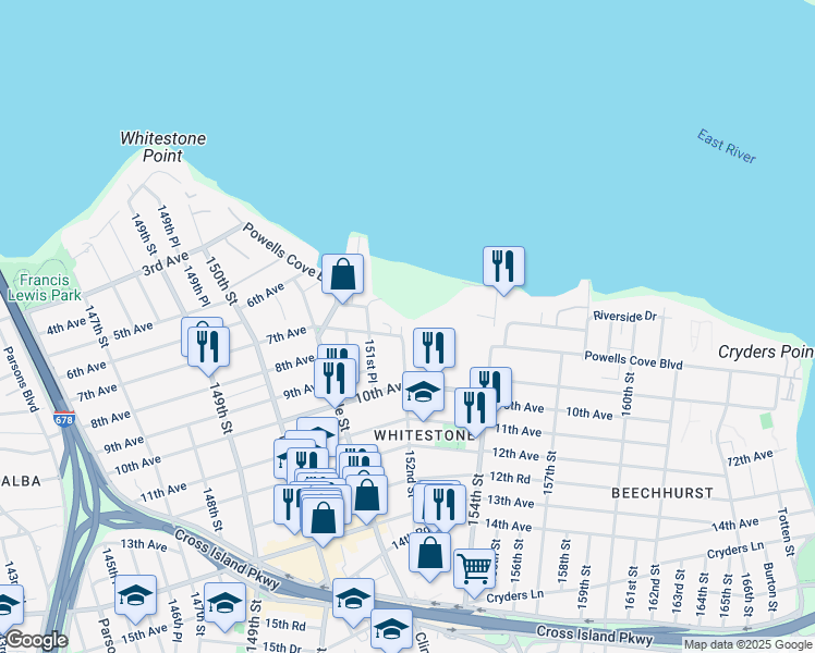 map of restaurants, bars, coffee shops, grocery stores, and more near 705 152nd Street in Queens