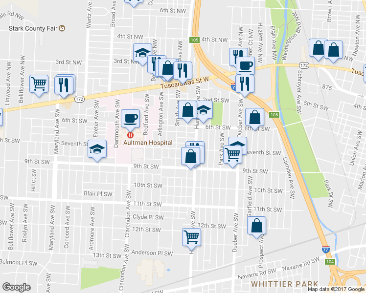 map of restaurants, bars, coffee shops, grocery stores, and more near 2227 Seventh Street Southwest in Canton