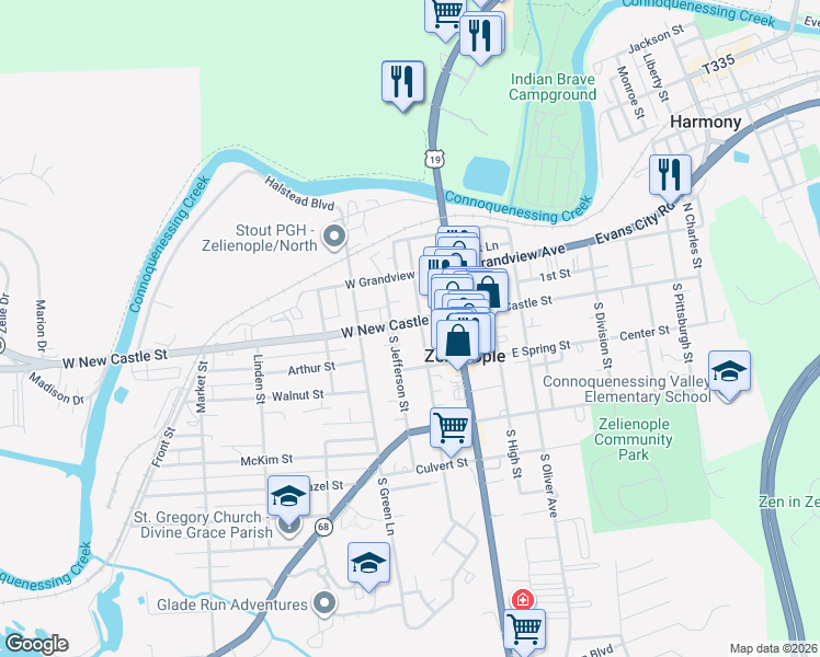 map of restaurants, bars, coffee shops, grocery stores, and more near 208 West New Castle Street in Zelienople