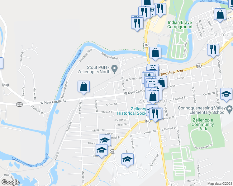 map of restaurants, bars, coffee shops, grocery stores, and more near 419 West New Castle Street in Zelienople