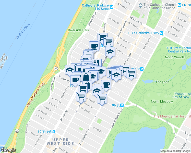 map of restaurants, bars, coffee shops, grocery stores, and more near 775 Amsterdam Avenue in New York