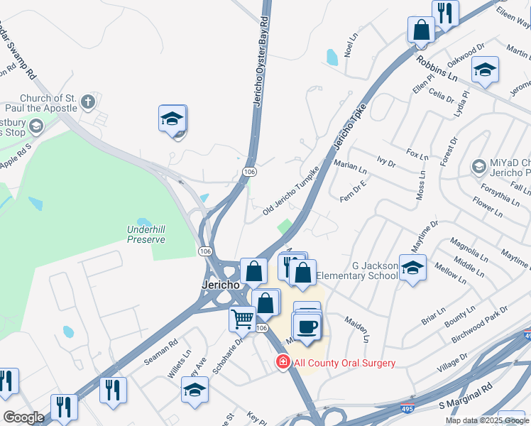 map of restaurants, bars, coffee shops, grocery stores, and more near 28 Old Jericho Turnpike in Jericho