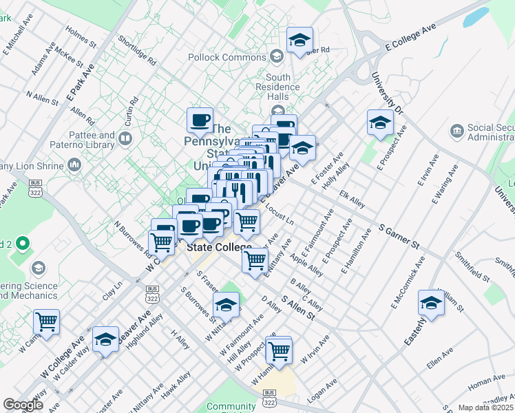 map of restaurants, bars, coffee shops, grocery stores, and more near 254 East Beaver Avenue in State College