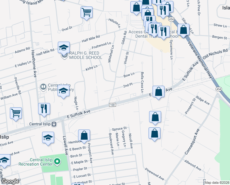 map of restaurants, bars, coffee shops, grocery stores, and more near 45 Gibbs Road in Central Islip