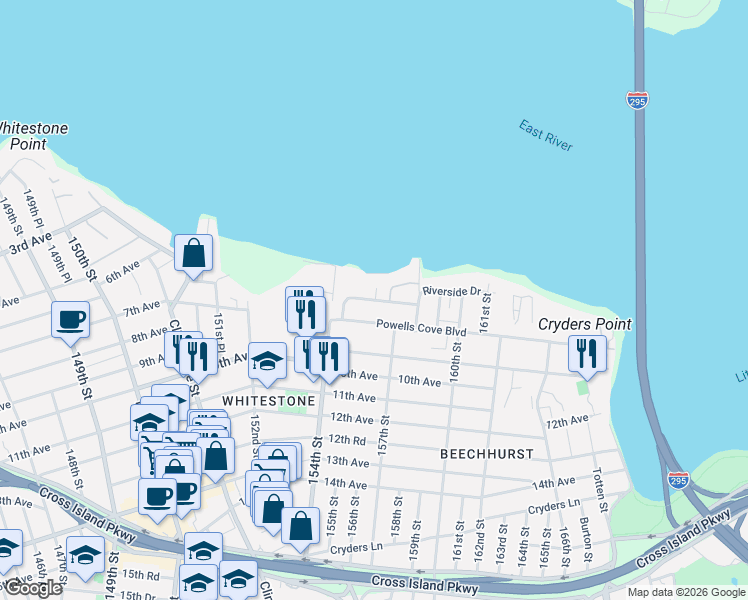 map of restaurants, bars, coffee shops, grocery stores, and more near 154-51 Riverside Drive in Queens
