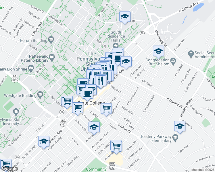 map of restaurants, bars, coffee shops, grocery stores, and more near 254 East Beaver Avenue in State College