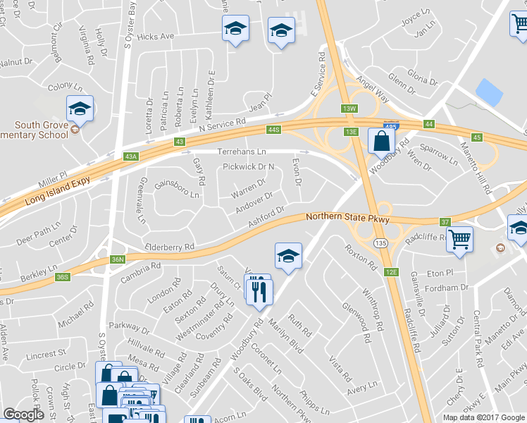 map of restaurants, bars, coffee shops, grocery stores, and more near 79 Ashford Drive in Syosset