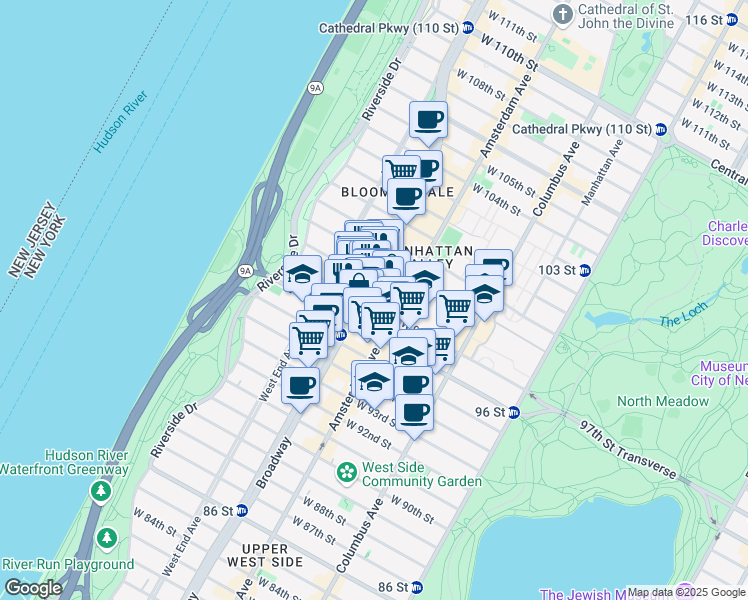 map of restaurants, bars, coffee shops, grocery stores, and more near 229 West 97th Street in New York