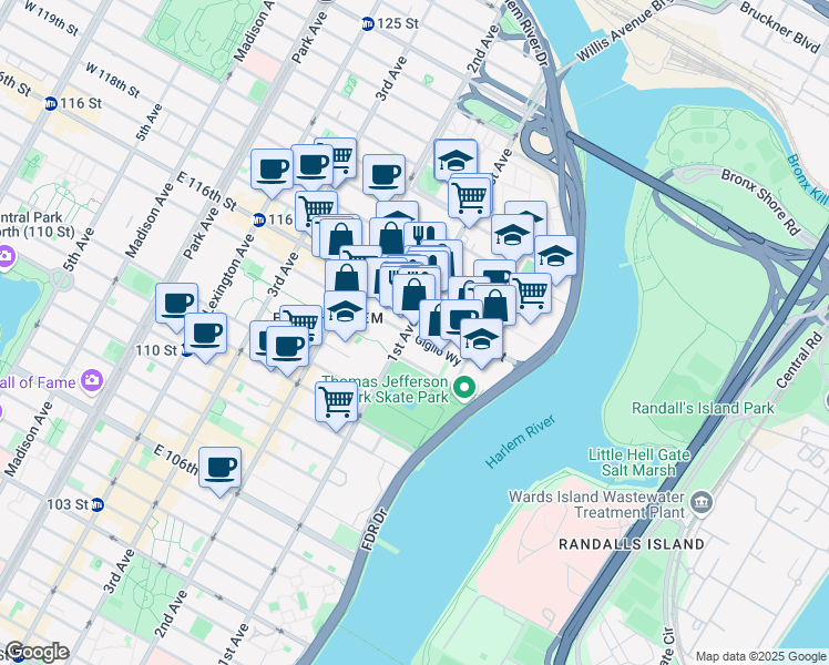 map of restaurants, bars, coffee shops, grocery stores, and more near 2240 1st Avenue in New York
