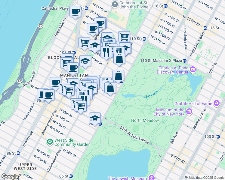 map of restaurants, bars, coffee shops, grocery stores, and more near 5 West 101st Street in New York