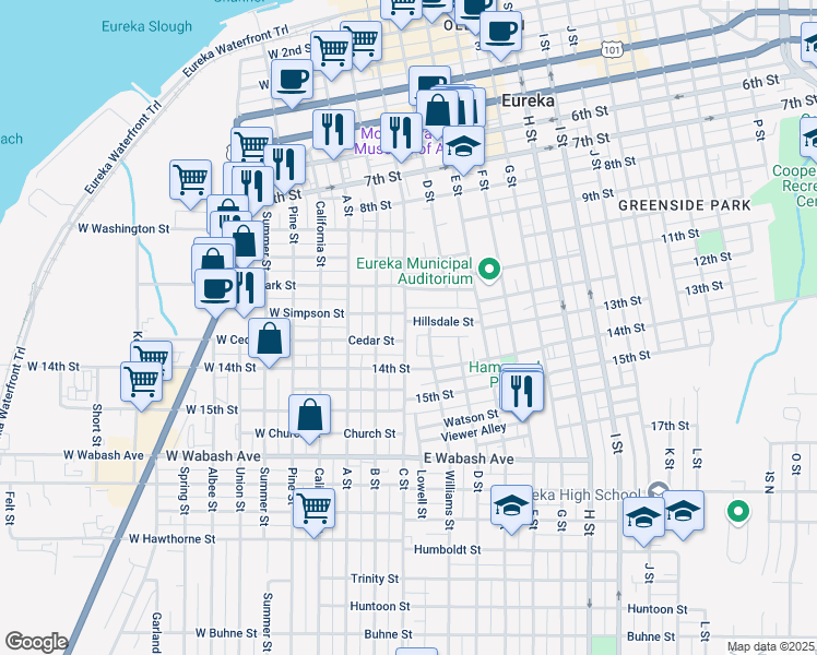 map of restaurants, bars, coffee shops, grocery stores, and more near 204 Hillsdale Street in Eureka