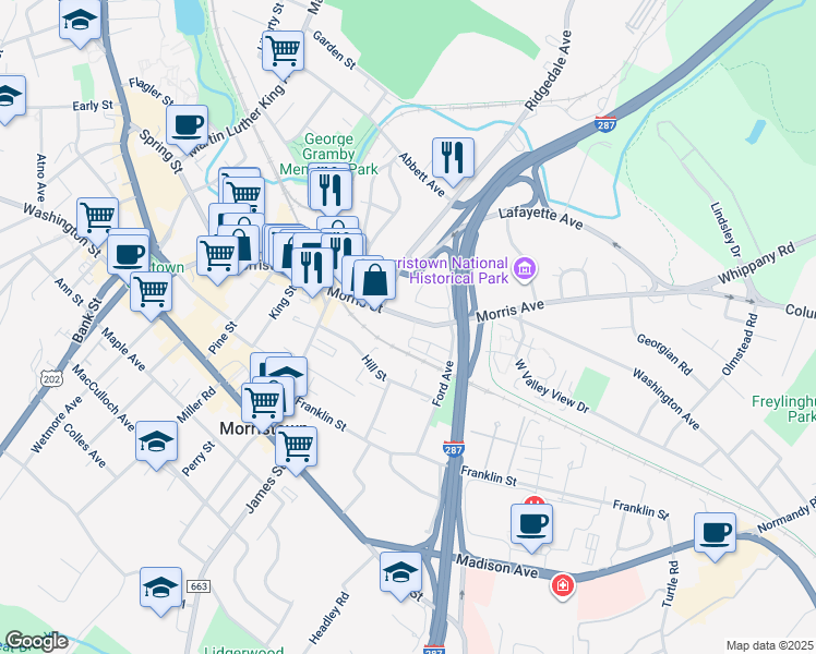 map of restaurants, bars, coffee shops, grocery stores, and more near 181 Morris Street in Morristown