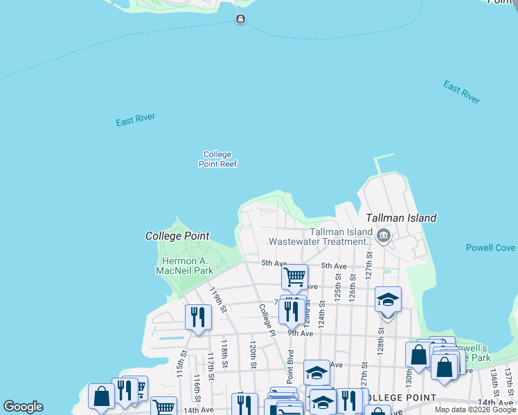 map of restaurants, bars, coffee shops, grocery stores, and more near 120-55 Sunrise Court in Queens