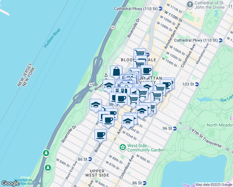 map of restaurants, bars, coffee shops, grocery stores, and more near 2563 Broadway in New York