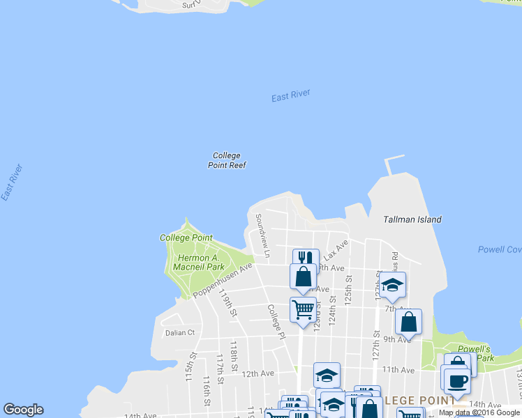 map of restaurants, bars, coffee shops, grocery stores, and more near 120-55 Sunrise Court in Queens